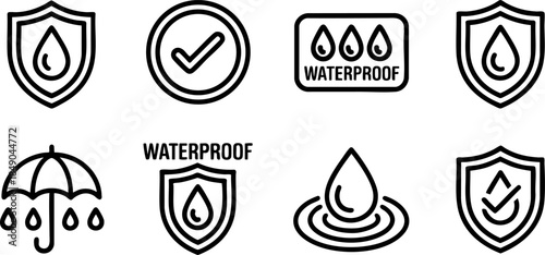 Waterproof icon set for product labeling, protection, durability, packaging, and safety design themes