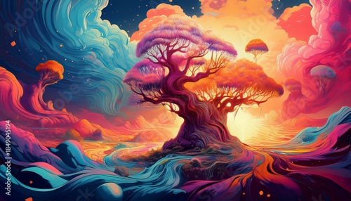 a surreal dreamscape comes to life as an explosion of colors and abstract forms symbolizing the boundless realm of creativity and imagination