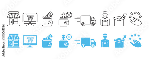 E-commerce and delivery icons for online shopping and logistics