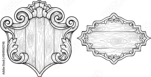 wooden signs with different ornate shapes silhouette icon set isolate vector art 