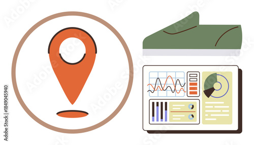 GPS pin for location tracking, green running shoe, and data dashboard with graphs and charts. Ideal for fitness technology, health monitoring, activity tracking, goals, progress lifestyle. Clean
