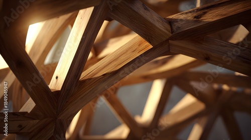 Abstract Geometric Wooden Structure with Sunlight Rays.