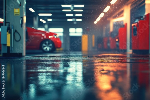 Modern car wash bay with a blurred background showcasing cleaning activities and a red vehicle, illuminated with ambient lighting at an urban location