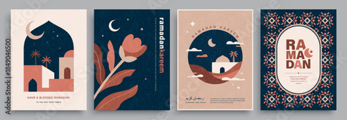 Set of Ramadan Kareem banner, poster, greeting card, cover design with mosque, crescent moon, pattern background and typography in flat geometric style.


