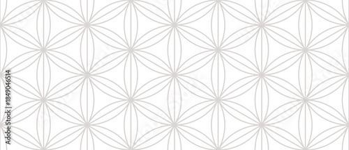 Classic oriental geometric seamless pattern with floral grid, thin lines, hexagons, triangles, flowers, lattice. Abstract minimal texture. Subtle linear grey and white background. Repeated geo design