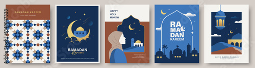 Set of Ramadan Kareem banner, poster, greeting card, cover design with mosque, crescent moon, Muslim women, pattern background and typography in flat geometric style.

