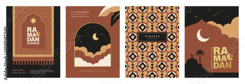 Set of Ramadan Kareem banner, poster, greeting card, cover design with mosque, prayer mat, crescent moon, pattern background and typography in flat geometric style.

