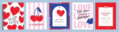 Set of Valentine's Day poster, greeting card, invitation, cover, label, sale promotion templates, pattern background with hand drawn sweet hearts , cherries and typography design.

