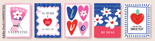 Set of Valentine's Day poster, greeting card, cover, label, sale promotion templates, pattern background with hand drawn flowers, sweet hearts , cute apple and frames.

