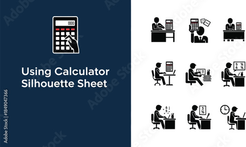 Collection of calculator and office worker silhouettes for accounting concepts