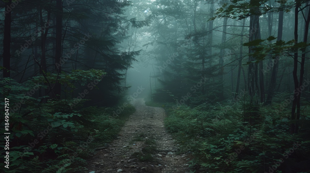 Obraz premium Eerie twilight forest path shrouded in fog and twisted trees evokes a chilling horror ambiance