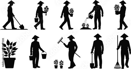 Gardener silhouette icons set, farming and gardening activities, plant care tools, agriculture workers, planting watering harvesting, eco nature work, black vector illustration collection