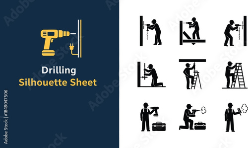 Collection of drilling and construction worker silhouettes showing installation tasks