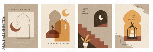 Set of Ramadan Kareem banner, poster, greeting card, cover design with mosque, crescent moon, lantern in abstract flat geometric style.

