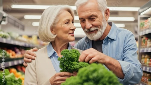 happy senior caucasian couple buying fresh green kale at grocery store. husband hugging wife while choosing organic vegetables. healthy nutrition and active retirement. food blog, lifestyle 