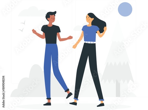 Cartoon man and woman walking and talking outdoors people