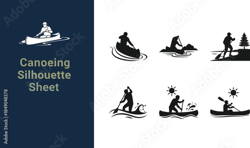 Silhouette sheet of canoeing and kayaking outdoor water sport activities