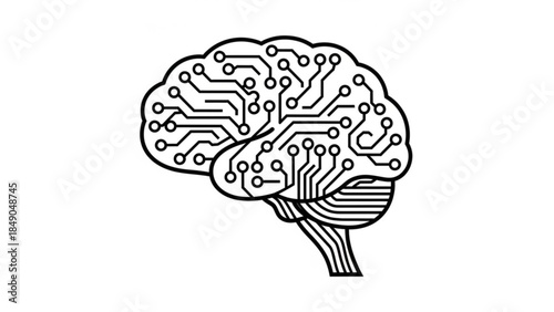 Digital Brain Circuit Board Illustration, Isolated on White Background