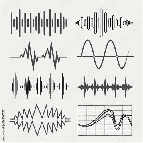 "Sound wave audio visualization vector collection, dark gray frequency waveform graphics for music technology interface design and digital signal analysis"

