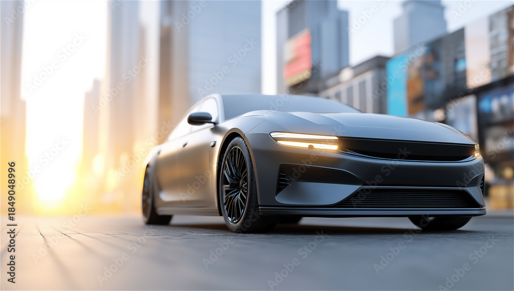 Naklejka premium Sleek electric sports car driving through a modern city street at sunrise, futuristic mobility concept for autonomous driving, clean energy, speed and premium transport with copy space.