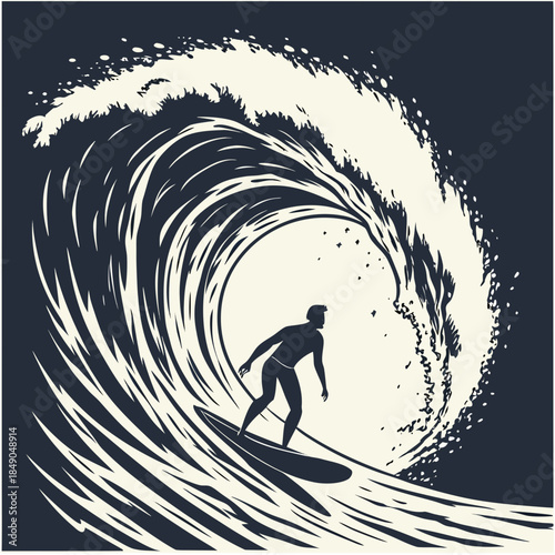 "Surfer silhouette vector illustration inside tube wave, vintage woodcut style with dynamic energy for ocean surfing sports and beach lifestyle art"


