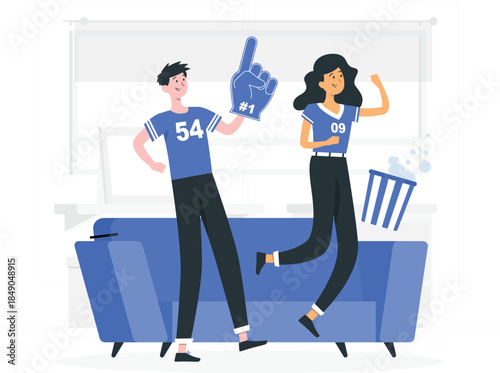Cartoon man and woman wearing football jerseys cheering on blue couch blue jersey des