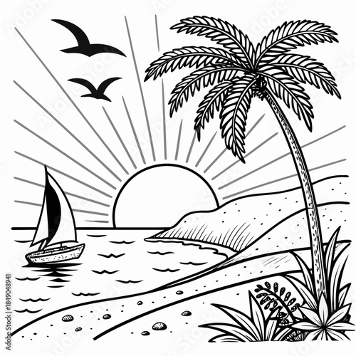 "Tropical beach sunset vector coloring page with palm tree and sailboat, coastal paradise landscape for kids vacation theme and ocean horizon scene"

