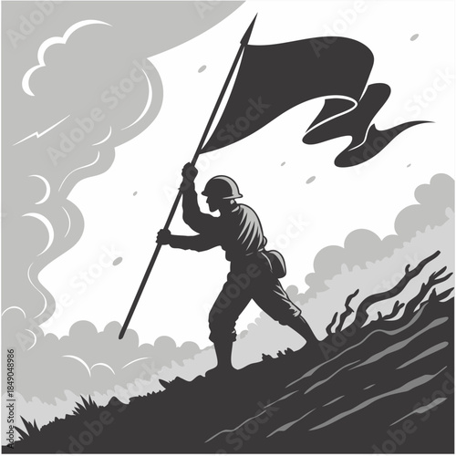 "Soldier planting flag silhouette vector illustration, military victory triumph on hilltop with dramatic clouds for heroic war achievement and propaganda style"

