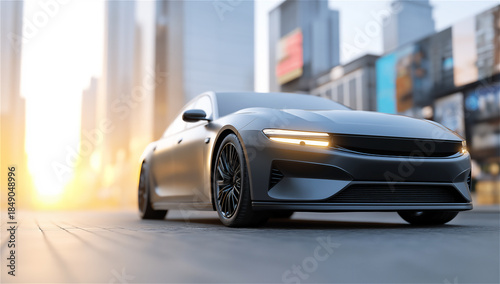 Sleek electric sports car driving through a modern city street at sunrise, futuristic mobility concept for autonomous driving, clean energy, speed and premium transport with copy space.