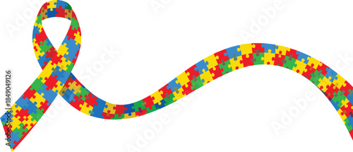 Autism awareness ribbon with colorful puzzle pieces and flowing tail on white background advocacy and support design