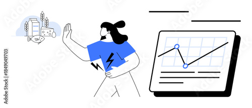 Woman turning away from snacks and beverages, prioritizing health and fitness. Ideal for wellness, health, nutrition, decision-making, self-discipline, goal tracking and motivation. Simple flat