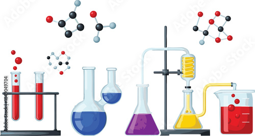 Colorful chemistry laboratory illustration with glassware flasks test tubes molecules scientific experiment setup isolated on white background vector art design