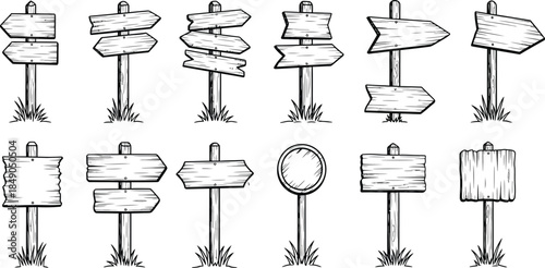 A collection of wooden directional signposts with various shapes and orientations