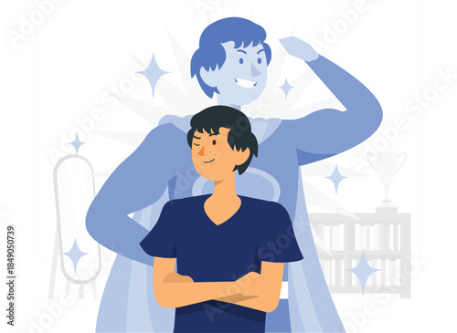 Confident man with shadow self flexing behind desig