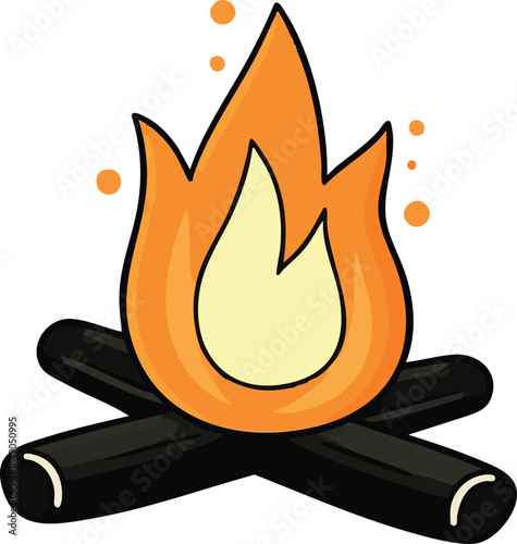 A stylized campfire with orange and yellow flames rising from black logs, with small smoke dots floating above, all set against a transparent background.
