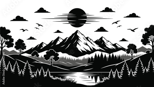 Majestic mountain landscape with sun and flying birds vector art