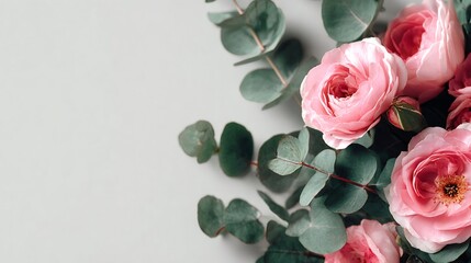 Pink roses and eucalyptus leaves creating floral border