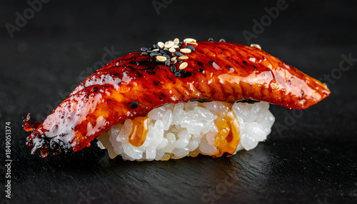 unagi grilled eel nigiri sushi on black background, caramel glaze shine, rich texture