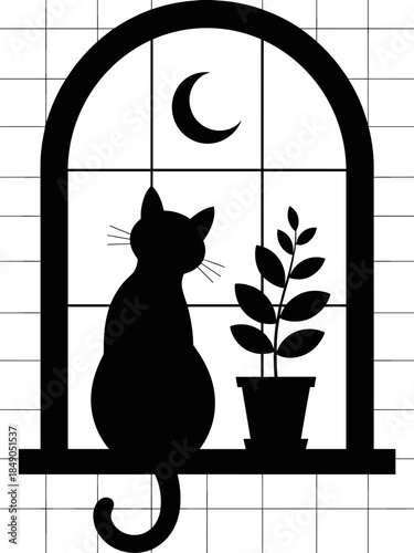 Black silhouette of a cat sitting on a window sill looking at the crescent moon with a potted house plant