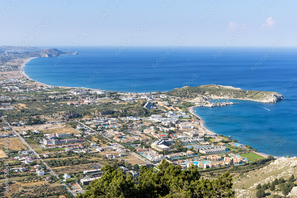 Fototapeta premium View of vacation town Kolymbia with beach from above at the Aegean Sea Rhodes island, Greece