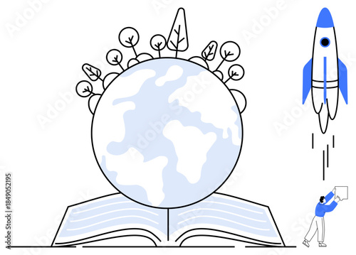 Education concept. Education drives global growth and sustainability. Education fosters innovation, ed by Earth, a book, and a rocket. For knowledge, innovation, sustainability global impact