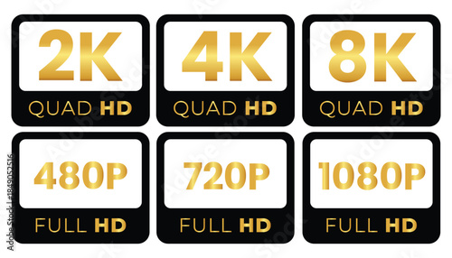 Premium Black and Gold Video Resolution Tags - 4K, 8K, HD, and QHD Icon Set vector