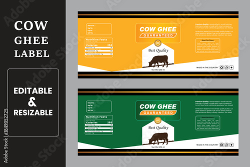 Cow ghee packaging label vector, Editable premium quality butter and milk cream fresh dairy product information.