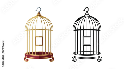 Two birdcages one gold and one black side by side illustration