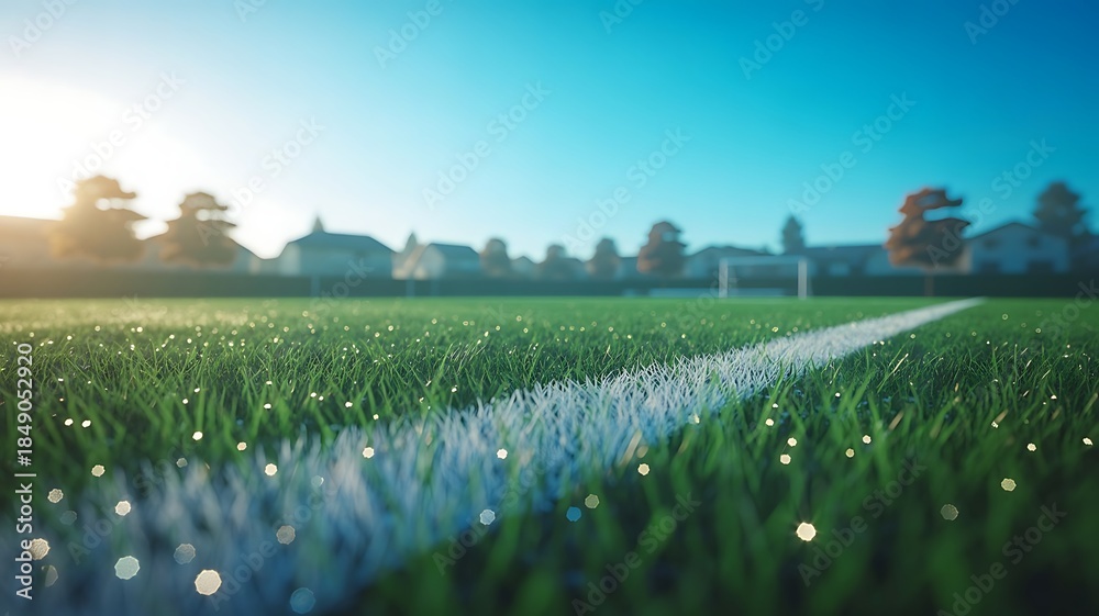 Fototapeta premium Serene landscape of a dewy field at sunrise with trees in the background