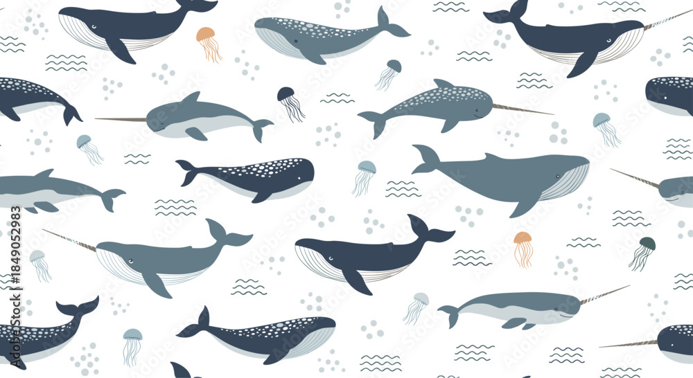 Fototapeta premium Seamless underwater scene shows whales and jellyfish gliding through calm blue currents creating a tranquil pattern across the oceanic expanse.