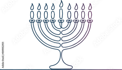  Create Hanukkah menorah one continuous line banner template. Jewish traditional candle holder with lights. Minimal Chanukah background with copy space. Vector illustration isolated on white