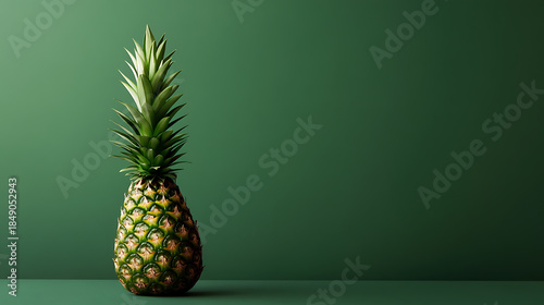 Fototapeta Naklejka Na Ścianę i Meble -  An aesthetic fruit that reminds me of sandy beaches and clear, blue water. This pineapple is so green and crisp on a green background! It is summer!