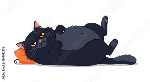 Relaxed plump black cat lounges on its back on an orange pillow with half closed yellow eyes and a fluffy tail stretched out in a cozy pose.