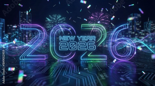 Celebrate New Year 2026 with vibrant neon lights and cityscape